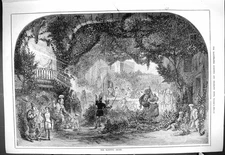 Old Antique Print 1880 Sleeping Court Beautiful Garden Scene Lady Balcony 19th