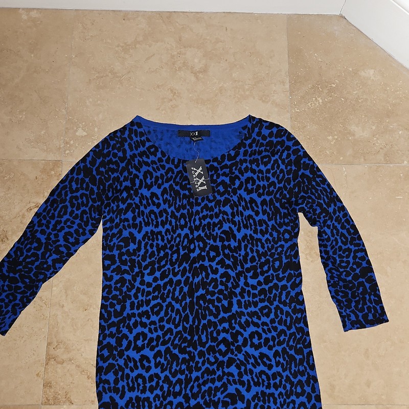 XXI Blue & Black Leopard Animal Print Knit Crew Neck Pullover Top Women S