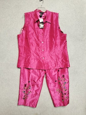 Mlle Gabrielle Womens 2 Piece Outfit Pink Floral Bead Embroidered Top Pants 24