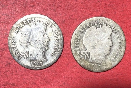 1912 & 1916 US Barber SILVER Dimes! Both "Philadelphia" Mint! Lower Grade Coins!