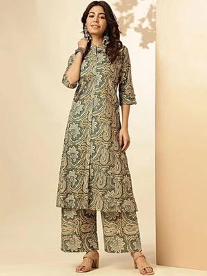 Indian Women Green & cream Pure Cotton Floral Printed Kurta With Palazzo Sets - Image 1 of 4