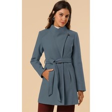 Allegra K Womens Belted A Line Coat Stand Collar Gray Blue Size S NWT