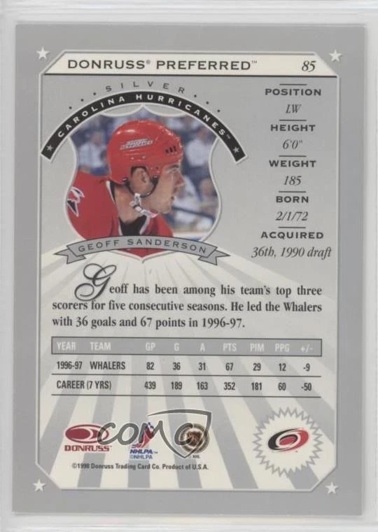 1997-98 Donruss Preferred Silver Geoff Sanderson #85 - Image 2 of 2