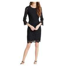 Ann Taylor Black Lace Sheath Fluted Sleeve Dress 3/4 Sleeve Knee Length 10