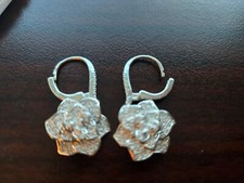 Silver Plated Dangle Drop Flower Hoop Earrings With Cubic Zirconia SHIPPING FREE