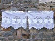 French pair white curtains valance lace motif cat  flower  26'' x 17'' each