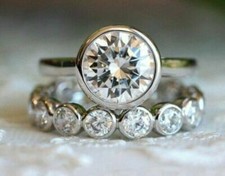 3Ct Round Cut Bezel CZ-Stone Engagement Wedding Ring Set In 925 Sterling Silver