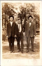 RPPC Three Young Men Suits Ties Hats Portrait Postcard B29