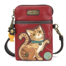 NEW CHALA ORANGE STRIPE TABBY CAT KITTEN CELL PHONE CROSSBODY PURSE BURGUNDY