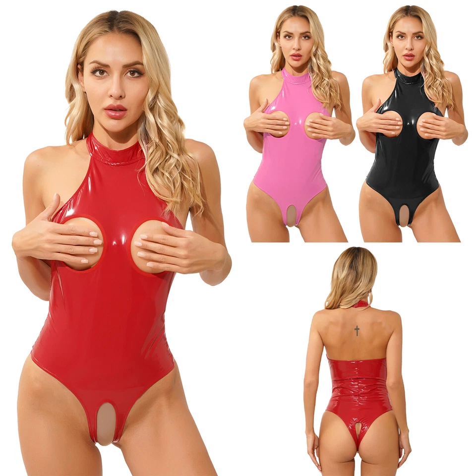 Damen Lack Leder Bodysuit Offene Büste Catsuit Trikot Stringbody Teddy Dessous - Bild 2 von 3
