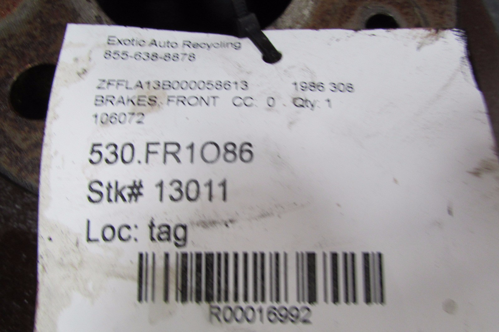 Ferrari 308 Front Brake Rotor, Disc, Used, P/N 106072