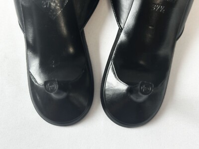 CHANEL Black Leather Pointed Toe Bow Pumps 37.5 7.5 Mules Kitten