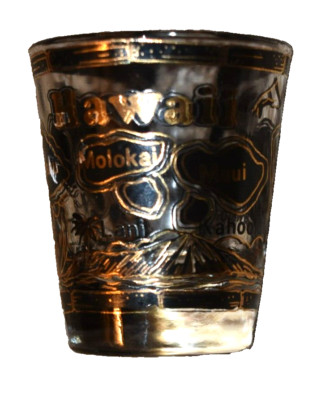 VINTAGE, '' HAWAIIN ISLANDS MAP,'' SMOKEY GLASS SHOT GLASS, (2.25'' Tall) New