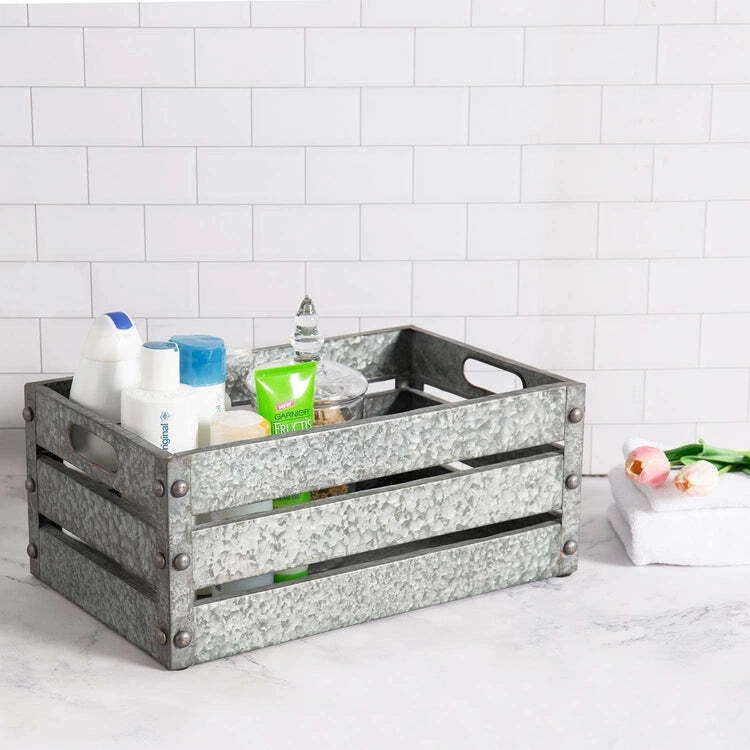 16-inch Silver Galvanized Metal Storage Crate w/ Vintage Corner Studs & Handles - Image 2 of 4