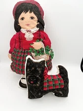 Vintage Pillow 16” Stuffed Christmas Doll Plaid Craft Set Heather & Scotty Dog