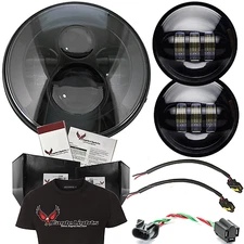 Eagle Lights Harley 7" LED Black Headlight w/ Matching Passing Lights Kit