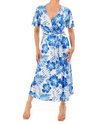 Neuf Bleu Floral Entièrement Doublé Manches Volantes Longueur Genou Coupe Robe - Photo 1/4