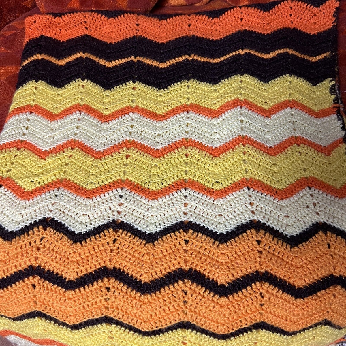 Vintage 1970s Orange Brown Chevron Zigzag Afghan Throw Blanket
