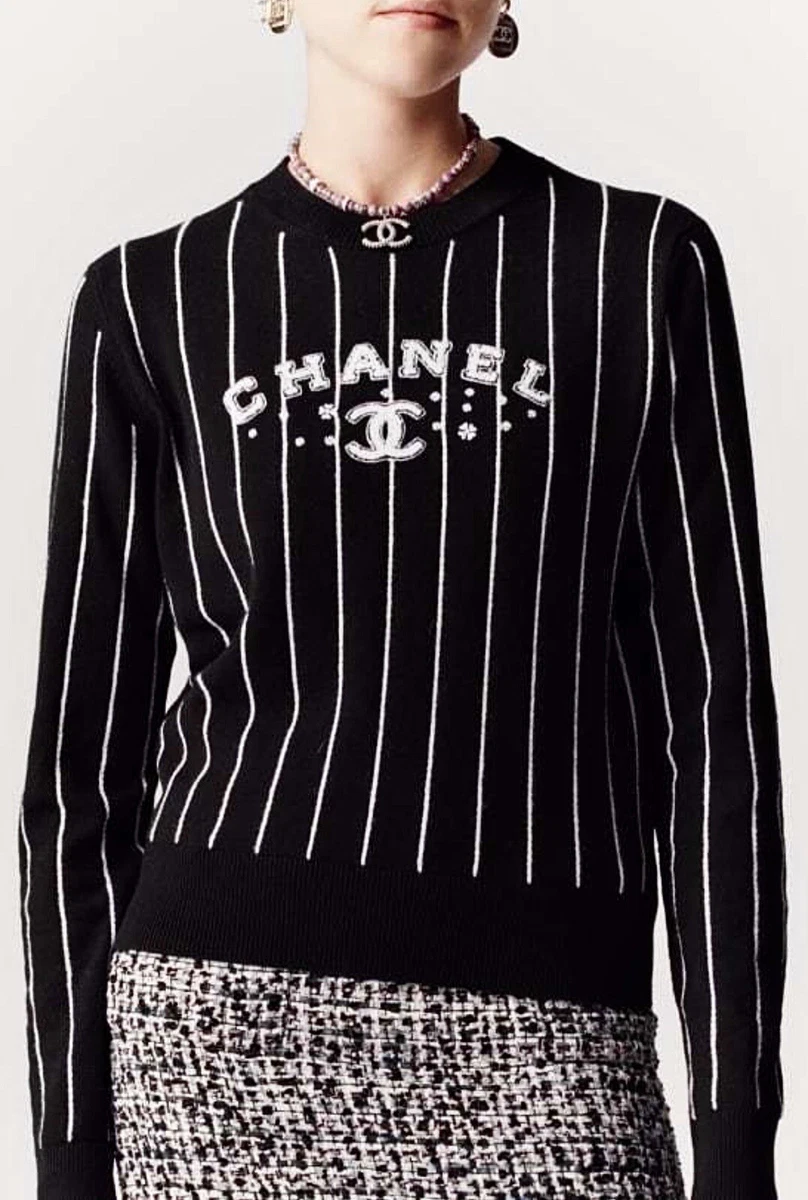 Chanel 23S Stripes Cashmere Pullover Black and white size 36