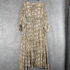 Daughters of India Dress Size XL Green Kyra Midi Hand Block Print Smocked Boho