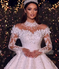White Wedding Dresses High Collar Appliques Lace Long Sleeves Tulle Bride Gowns