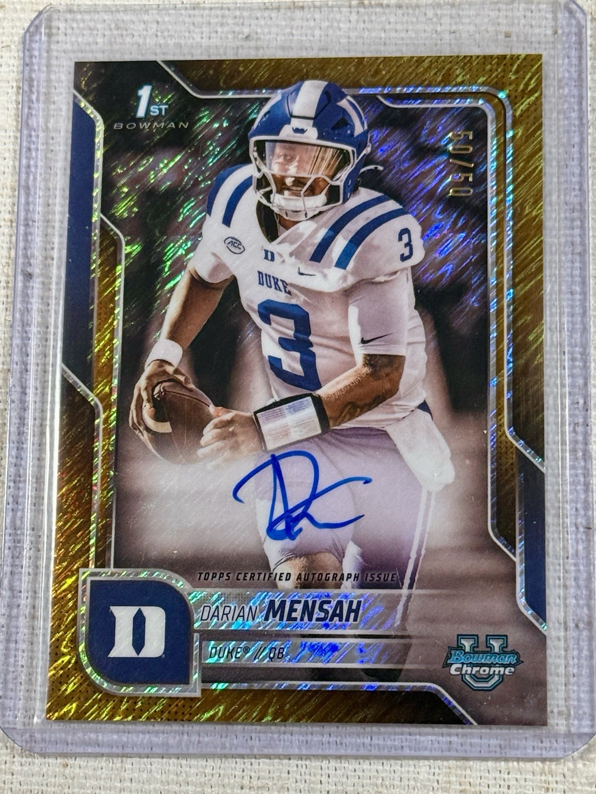2025 Bowman Chrome U Football 1st Darian Mensah Gold Shimmer Auto /50 Duke