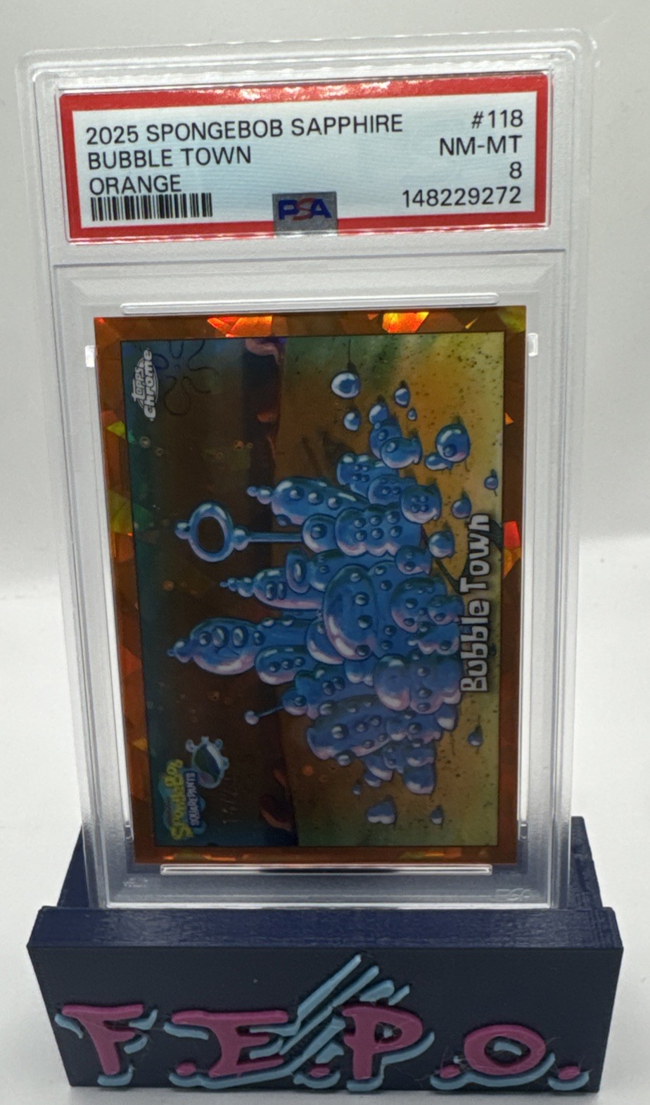 2025 Topps Chrome Orange Sapphire  Spongebob’s Bubble Town 14/25 PSA 8