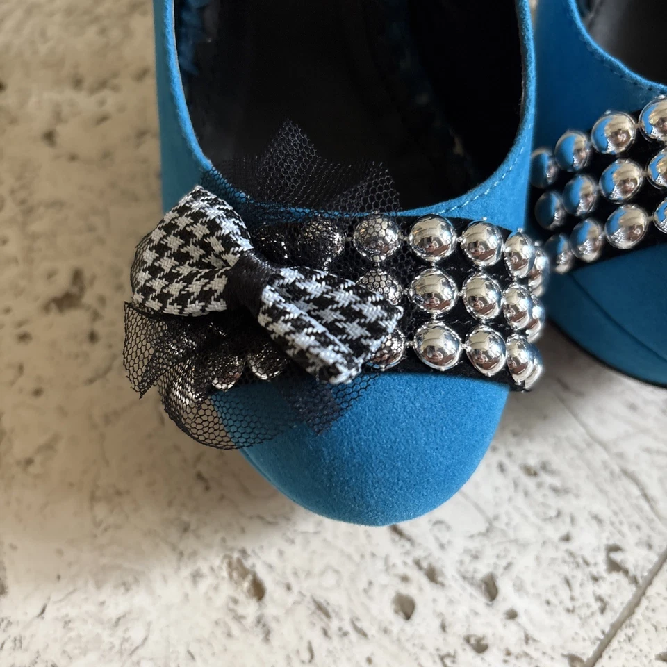 Zapatos de salón Bettie Page pata de gallo azul tacón de aguja cuentas con lazo talla 7 Foto 3 de 4