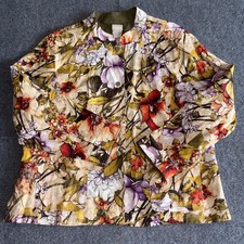 Chico's Sz 3P - 16-18P Linen Reversible Army Green Floral Jacket Snaps Pockets