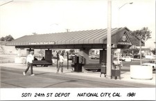 National City, California CA Postcard 24th Street Train Depot People, Pay Phones