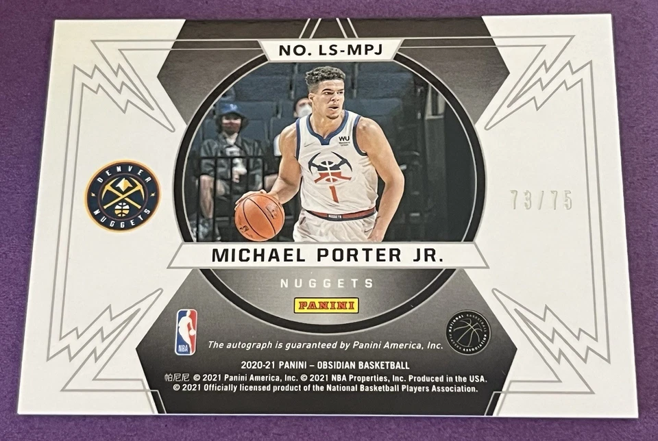 2020-21 Panini Obsidian Michael Porter Jr. Auto /75 Denver Nuggets Autograph - Image 2 of 4