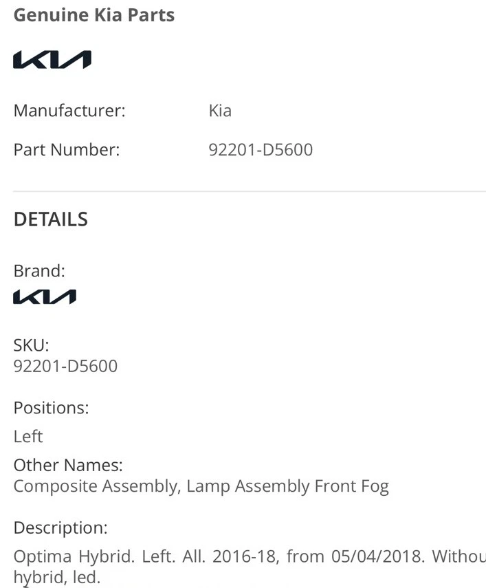 2017-2020 Kia Optima Fog Lamp Assembly 92201-D5600 Brand New!!! - Bild 4 von 4