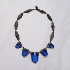 Vintage Czech Blue Faceted Glass Stone Pendant Choker Necklace 14 1/4"