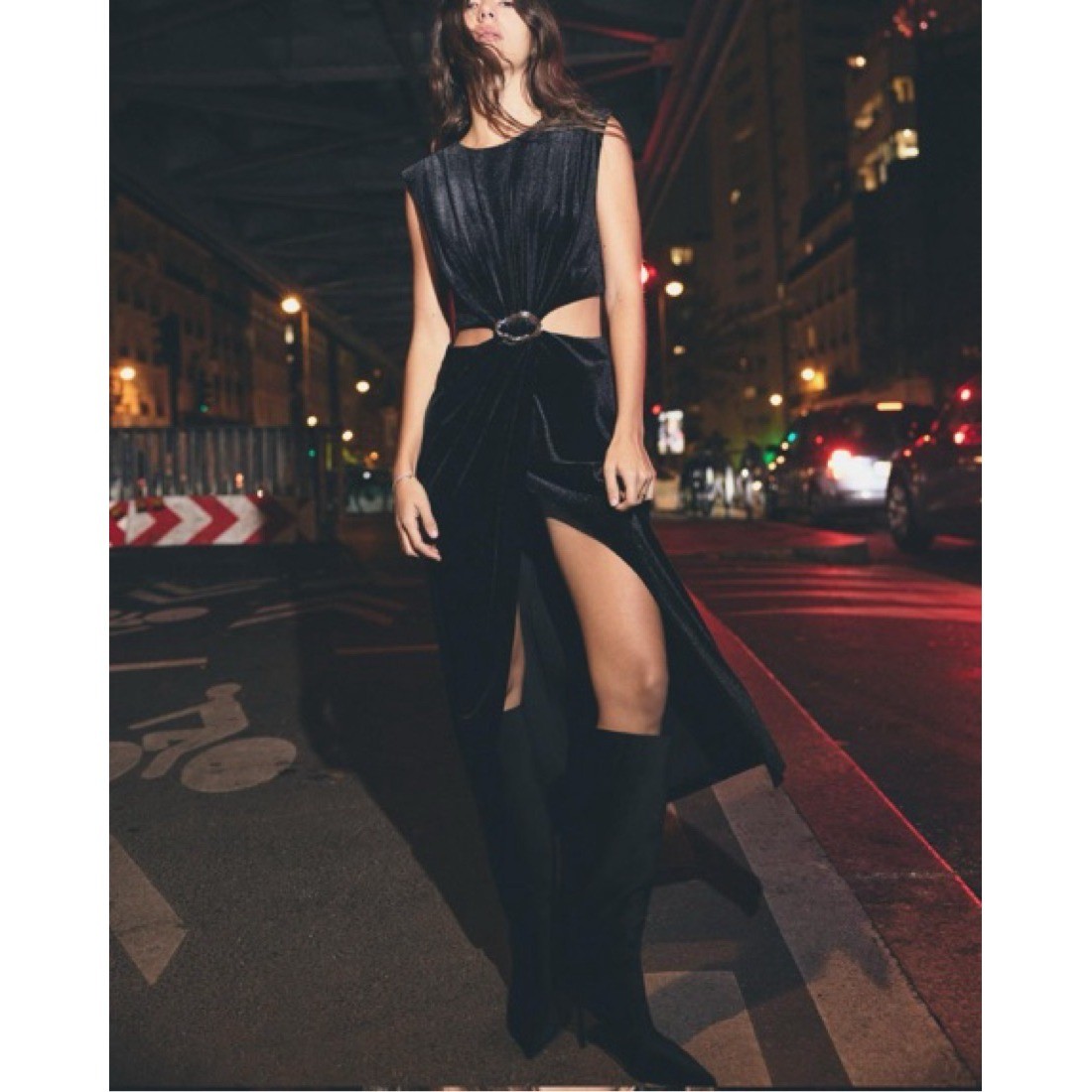 Zara Cut Out Black Velvet Midi Dress Size Small thumbnail 2