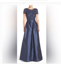 New Adrianna Papell Women's Formal Gown Navy 16W Dress Sequin Top Tafeta Pockets