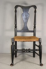 AN 18TH C HUDSON RIVER NY QA CHAIR TRUMPET TURNED LEGS PAD FEET OLD BLACK PAINT
