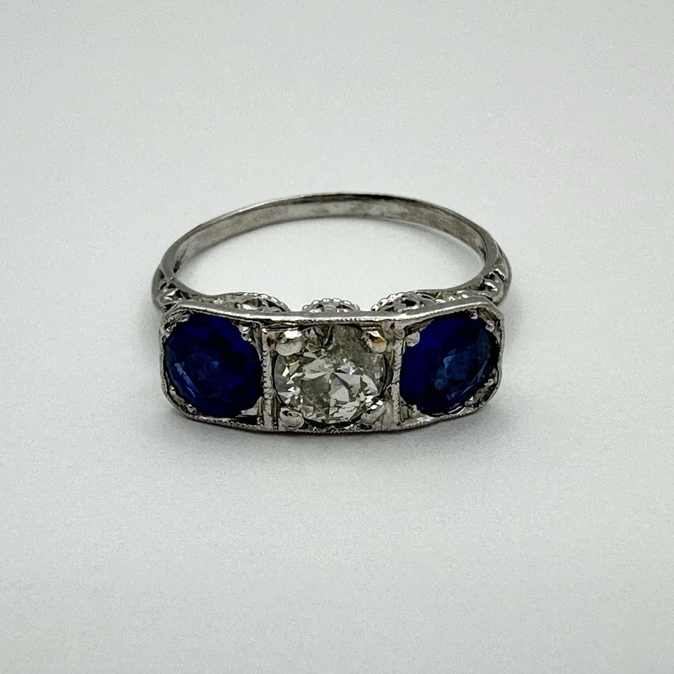 Vintage Art Deco Filigree Platinum 1/2 Carat Diamond and Sapphire Ring Size 7 - Image 2 of 4