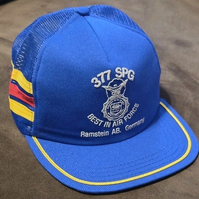 Rare Vtg Ramstein Air Force Base Blue 3 Stripe Mesh Snapback Trucker Hat 377 SPG