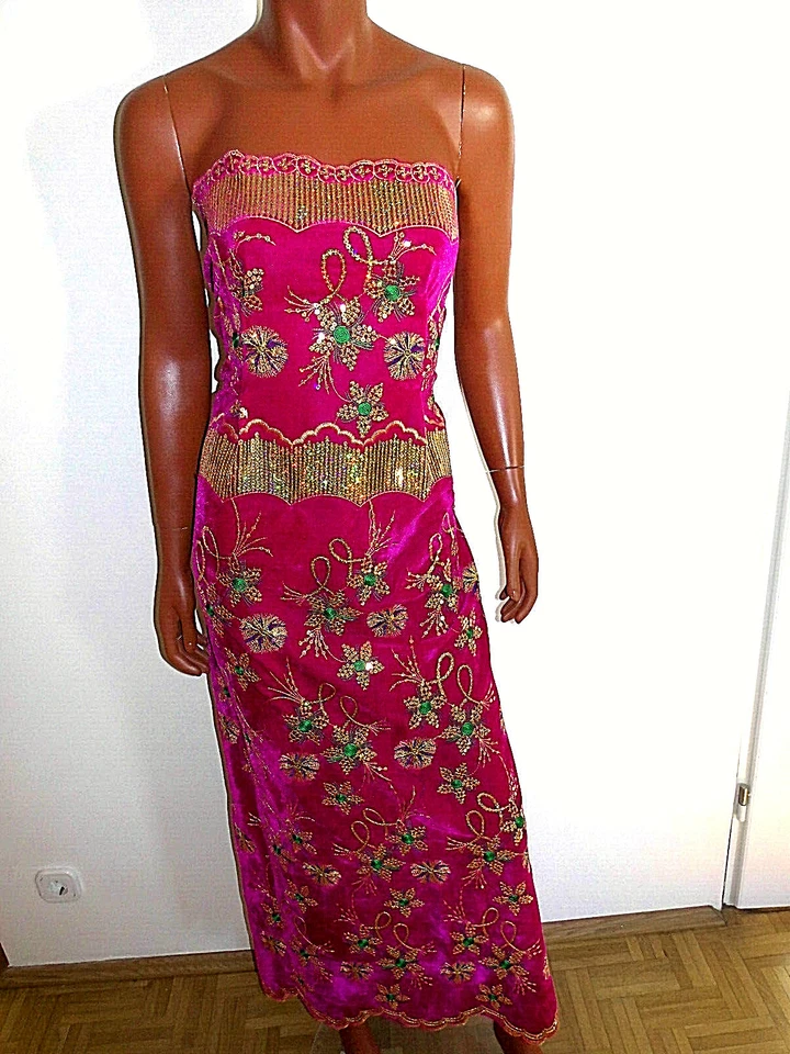 Stoff 135x145cm Samt Dehnbar Festlich Bestickt Pailletten Pink Gold Edel Floral - Bild 3 von 3