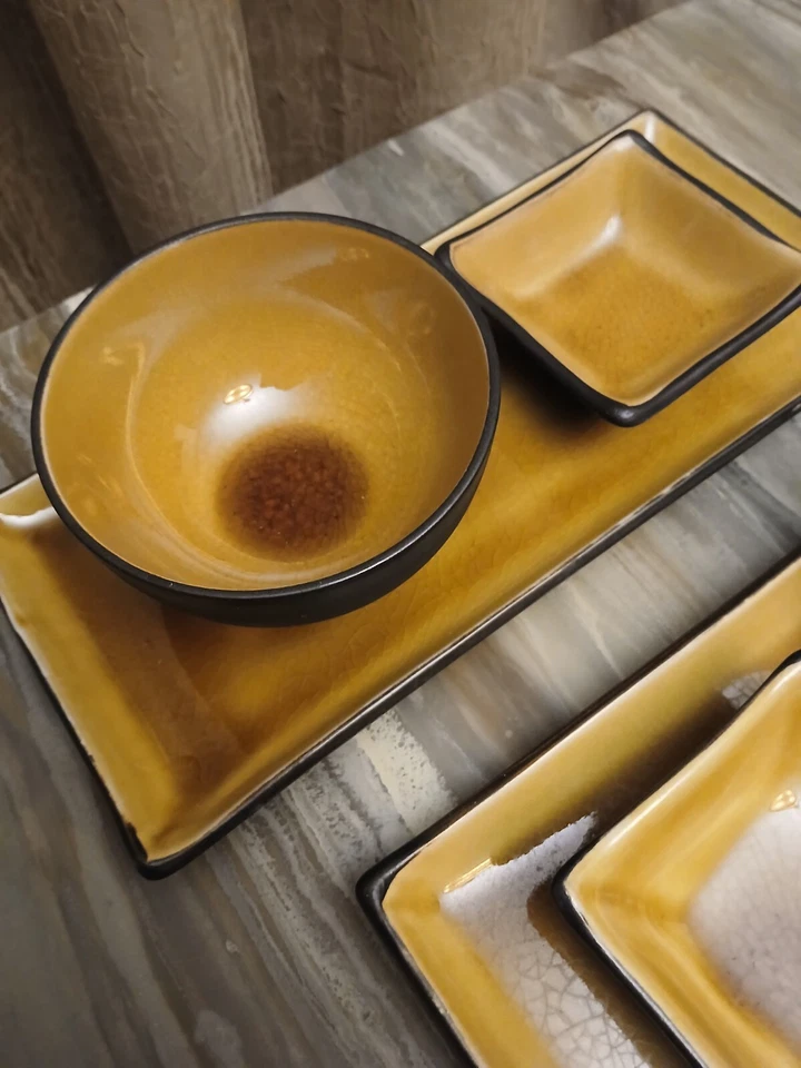 Bandeja para servir comida china SUSHI y tazones para sumergir arroz servicio para 2 mostaza marrón Foto 3 de 4