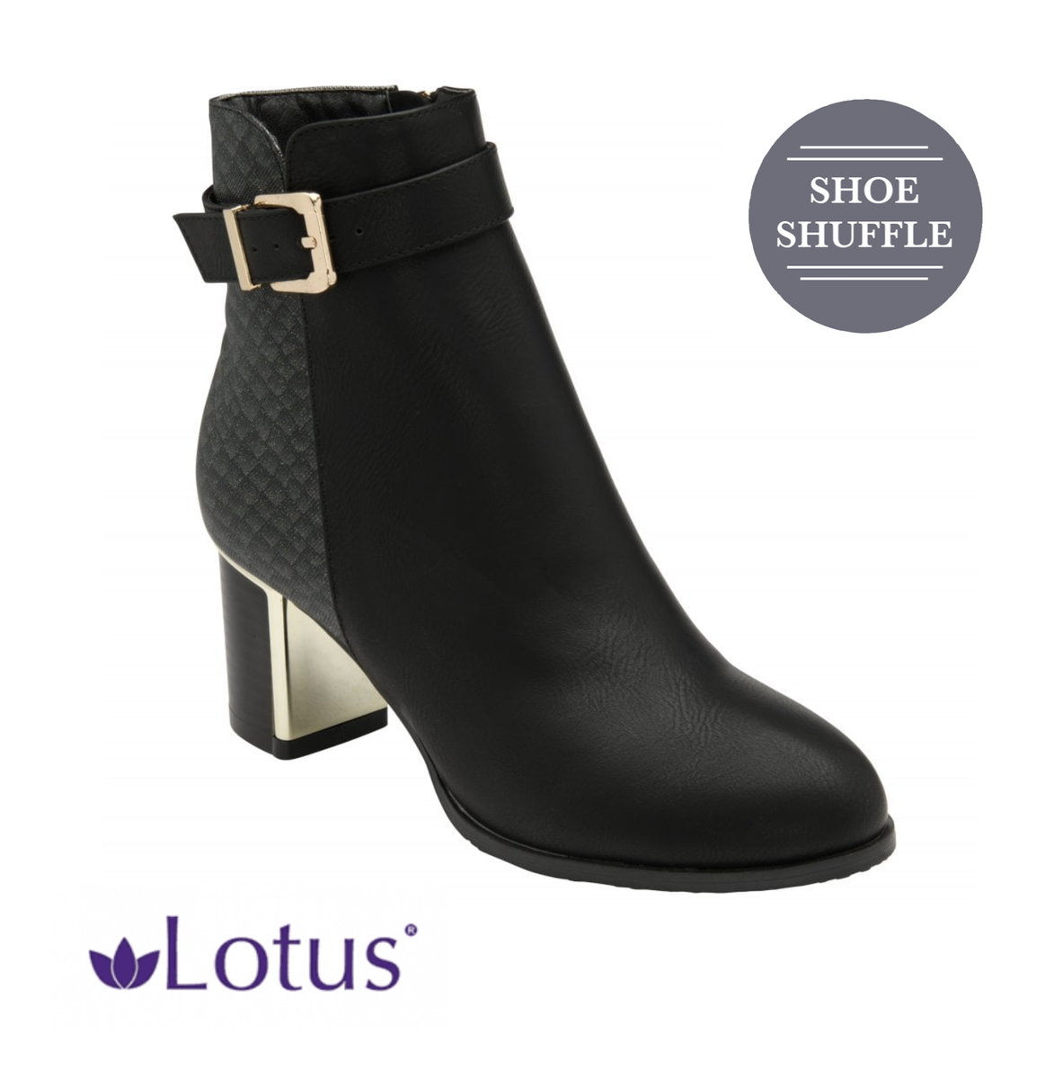 Lotus Cindy Heeled Ankle Boots With Mirror gold Detailing Black