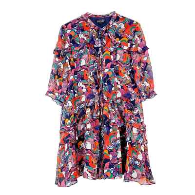 Saloni Tilly Abstract Multicolor Printed Ruffle Silk Mini Shirt Dress 10 |  eBay