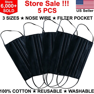 2, 3, 5, 7 Pack Black Face Mask Reusable Filter Pocket with Nose Wire Washable 