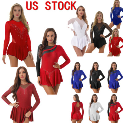 US Women Figure Ice Skating Dress Shiny Rhinestone Ballet Latin Dress Dancewear