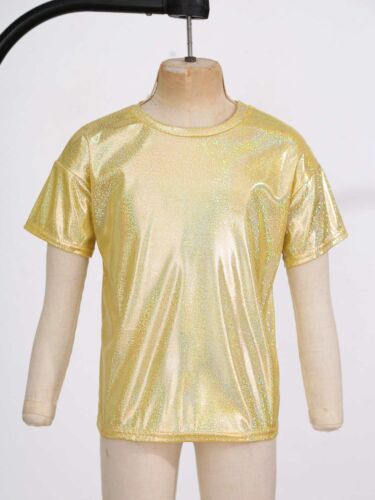 Kids Boys Girls T-shirt Sparkly Jazz Dance Tops Athletic Shiny Sequin Blouse AU - Picture 16 of 58