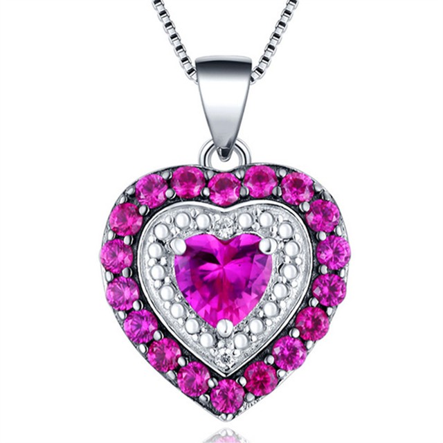  0.74Ct Created Pink Sapphire Heart Cut Sterling Silver Pendant Necklace 