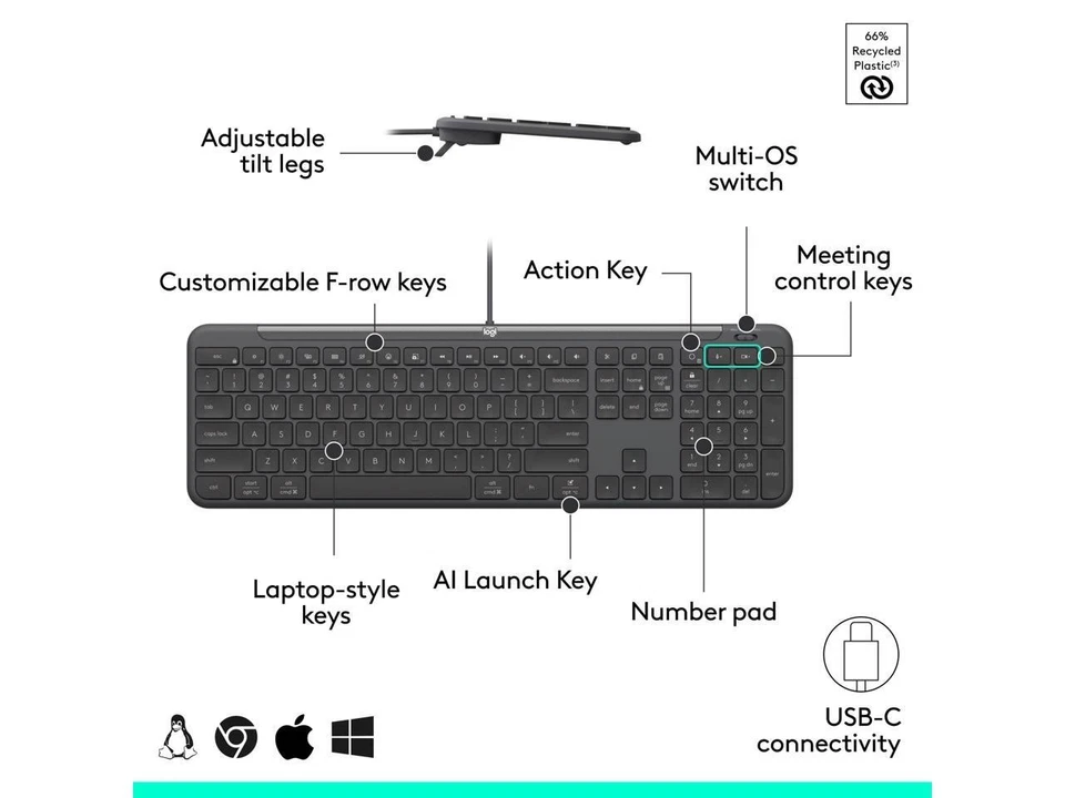 Logitech Signature Slim Wired K620 para empresas, teclado de tamaño completo, grafito Foto 4 de 4