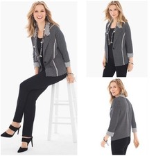 NWT Chico s Women Pattern Stripe Esther Cardigan Blazer Sz M Cotton Silk Blend
