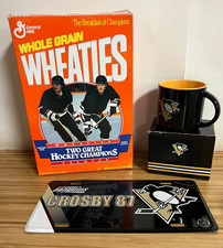 1990's  Penguin Wheaties box mug & Crosby Lincese plate