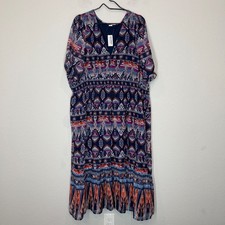 Old Navy Chiffon Midi Dress Women's XXL Multicolor Aztec Boho Waist Defined NEW